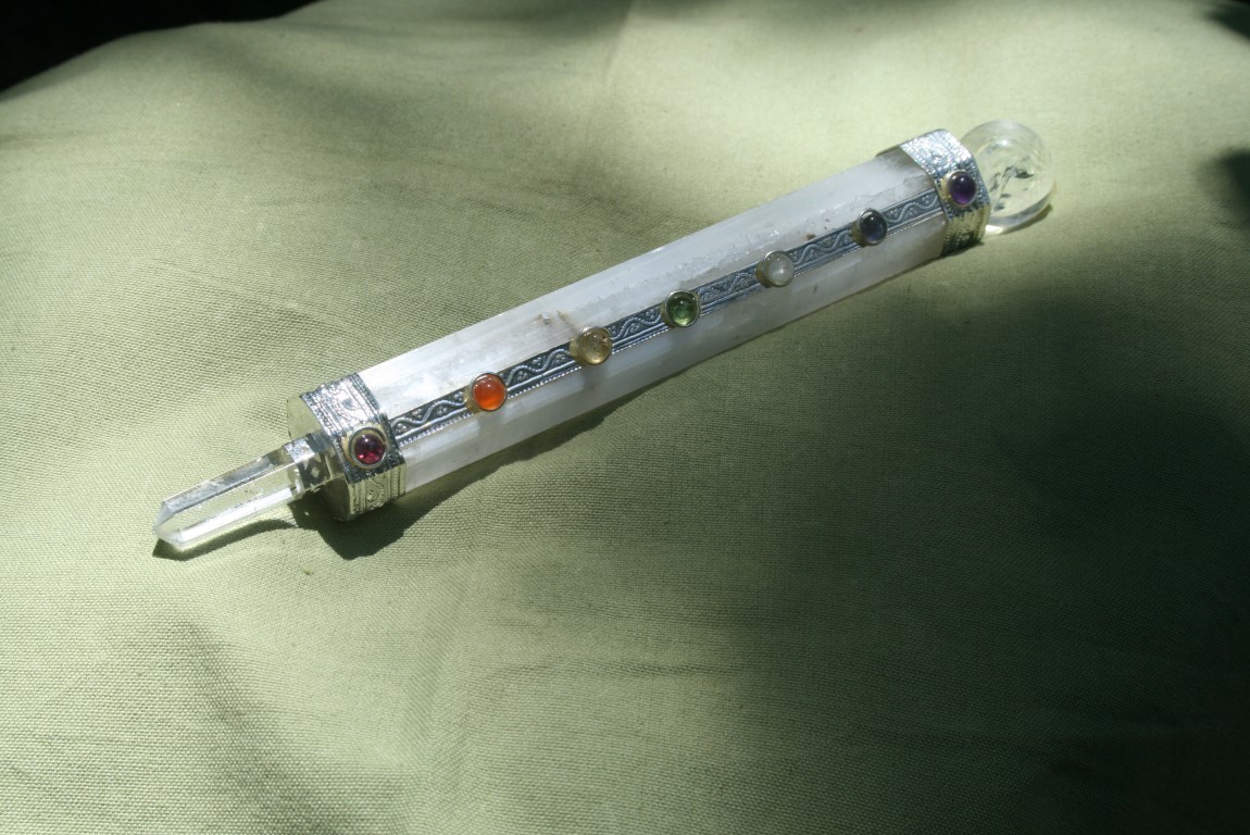 Selenite  Wand with 7 chakra stones and  Clear Quartz point and ball Mental clarity, psychic, and angelic communication 4971